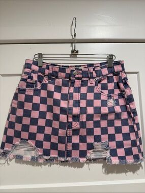 We The Free Pink and Navy Checker Mini Skirt